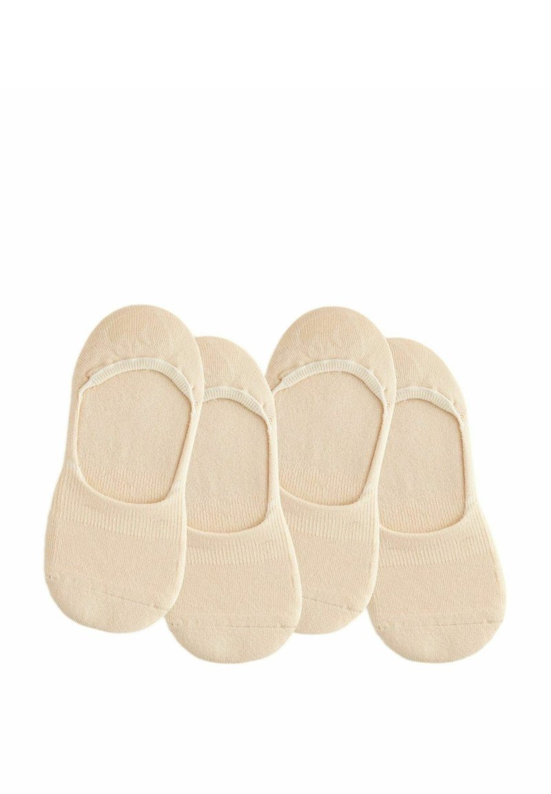 Chaussettes beiges invisibles faites en tissu doux, avec un design à enfiler et des bords élastiques ribbés pour le confort. Quatre paires incluses.