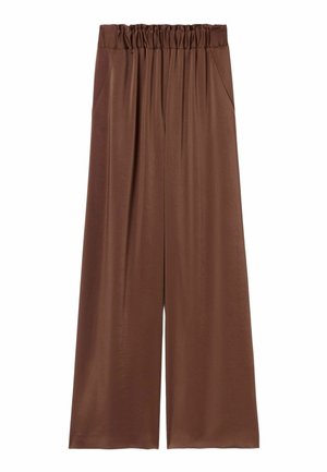 Pantaloni marroni a gamba larga con vita elastica arricciata e tasche laterali, realizzati in tessuto liscio.