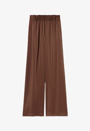 Pantalon marron à jambes larges avec taille élastique froncée et poches latérales, fabriqué en tissu lisse.