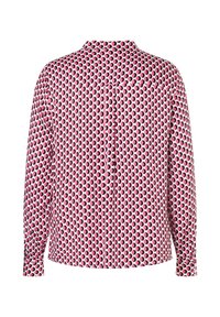 Hemd mit Kragen, versehen mit einem rosa und schwarzen kreisförmigen Muster auf weißem Hintergrund. Lange Ärmel und Rückenfalte.