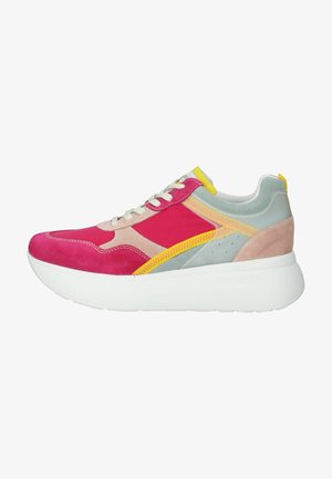 Sneakers with a mix of pink, gray, and beige suede, featuring a white thick sole, yellow accents, and textured stitching details.