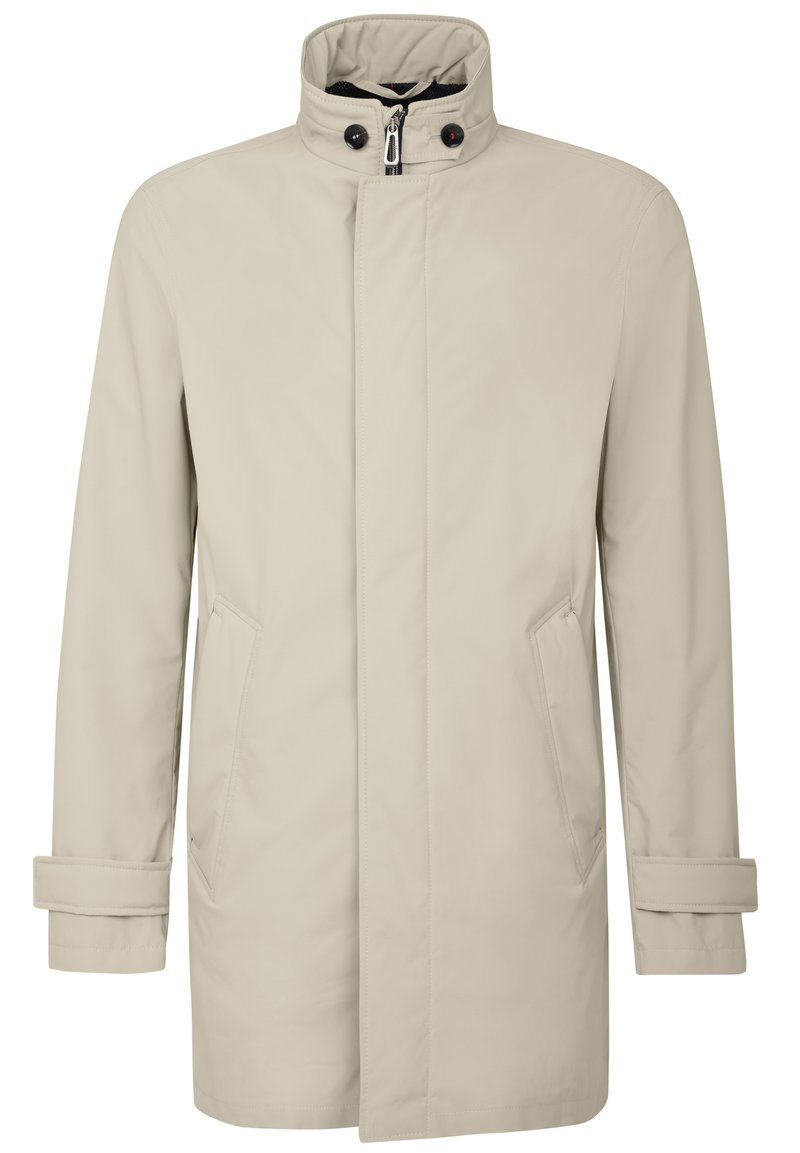 Blouson beige clair, mi-long, avec un col montant, fermeture éclair à l'avant, deux poches latérales et des poignets retroussés. Matériel lisse et résistant à l'eau.