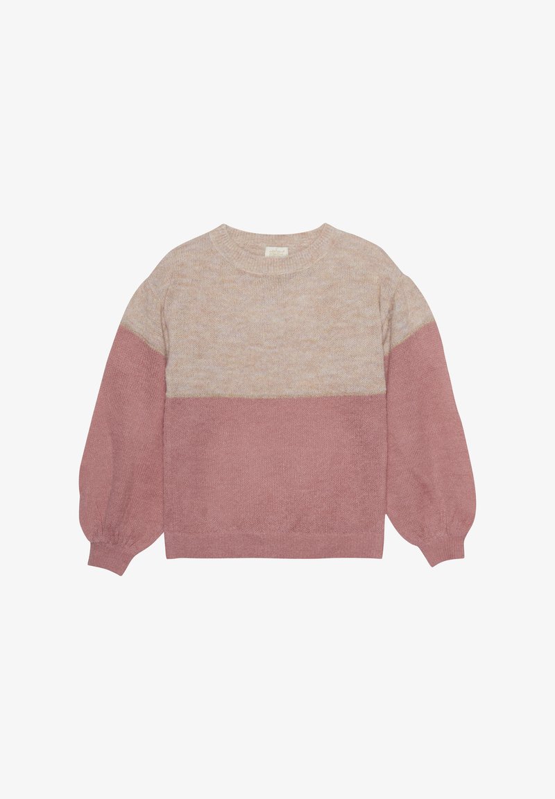 Ljusrosa stickad tröja med rund halsringning, ballongsärmar och färgblockerad design som har en mörkare rosa nederdel och en ljusare övre del.