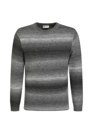 Suéter de cuello redondo de mangas largas con rayas horizontales en tonos de gris y negro, tejido de punto.