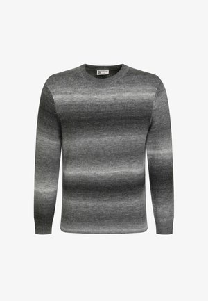 Maglione a maniche lunghe con scollo rotondo, caratterizzato da righe orizzontali in gradiente di tonalità grigie e nere, realizzato in tessuto lavorato a maglia.