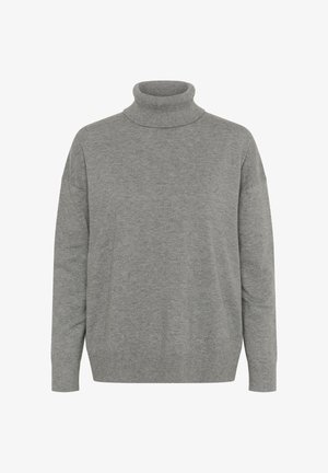 Grauer Rollkragenpullover aus weichem Material, mit lockerer Passform, geripptem Kragen und Bündchen sowie langen Ärmeln. Keine Muster oder Akzente.