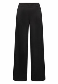 Pantalon noir à jambes larges avec une taille haute et des coutures frontales nettes, présenté sur un fond blanc uni.