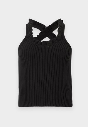 Μαύρο ριμπ πλεκτό αμάνικο τοπ με βολάν στο ντεκολτέ και σταυρωτούς ιμάντες στους ώμους.