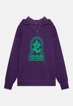 Ljubičasta dukserica od pamuka, s velikim zelenim grafičkim logotipom sprijeda, s kenguruvim džepom i rebrastim manžetama.