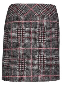Šedá kostkovaná sukně s růžovými akcenty, vyrobená z texturované tkaniny. Má přiléhavý střih a rovný siluetu s čistým pasem.