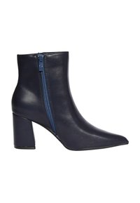Stivale alla caviglia in pelle blu navy con punta affusolata, cerniera laterale e tacco di media altezza chunky.