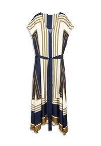 Vestito a maniche lunghe o corte con motivo geometrico in blu navy, oro e bianco. Presenta una scollatura a V e una cintura abbinata in vita.