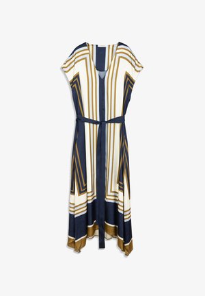 Vestido de manga larga y corta con un patrón geométrico en azul marino, dorado y blanco. Tiene un escote en V y un cinturón a juego en la cintura.