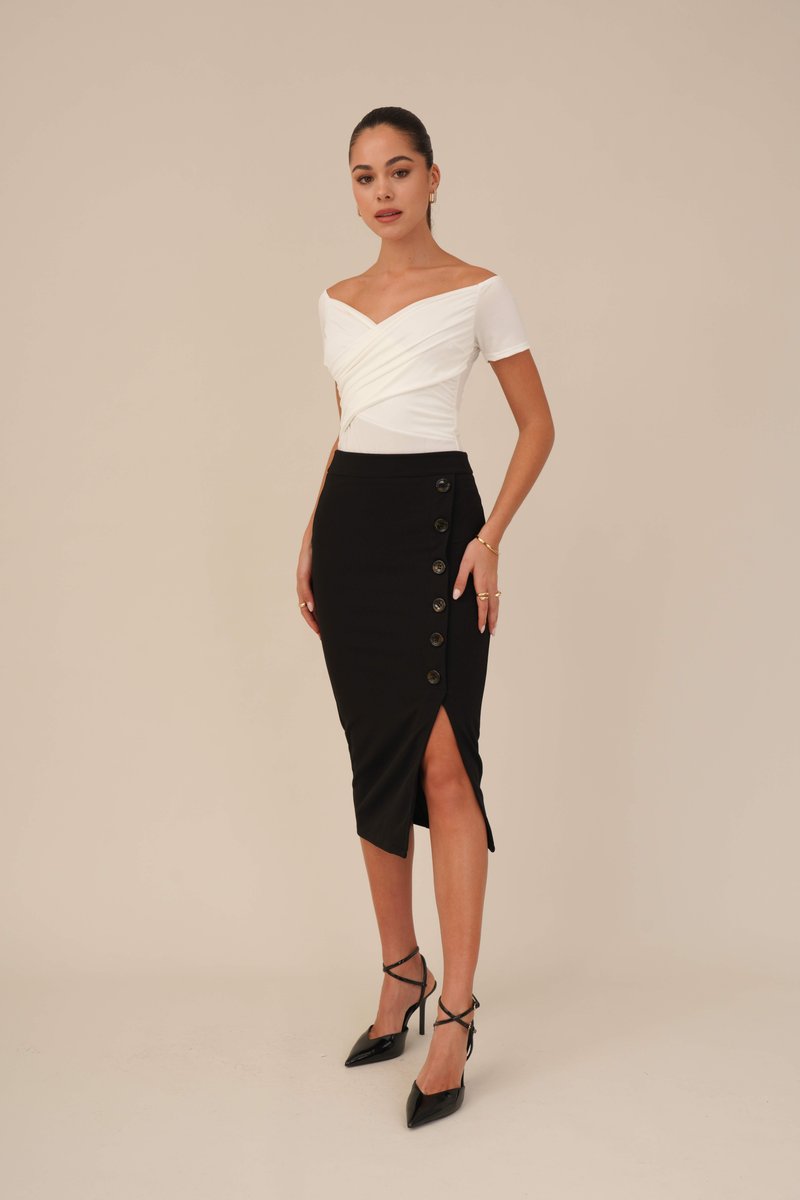 Sakkas Above The Knee Stretch Pencil Skirt – 4-Button Detail, Office To Night Out