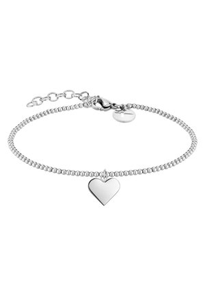 Silberne Perlenarmband mit einem zentralen polierten Herzanhänger und einem Federkarabiner mit einer verstellbaren Kette zur Anpassung der Größe.