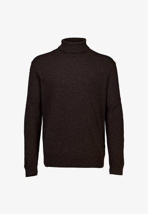 Brown turtleneck sweater made of soft fabric, featuring long sleeves and a fitted design. Ribbed cuffs and hem complete the look.