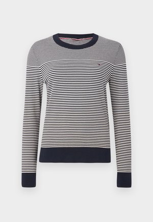 Svītrainais džemperis ar apaļu tumši zilu apkakli, ar pārmaiņus tumši ziliem un baltiem svītrām, garām piedurknēm un ribotām aprocēm un apakšmalu.