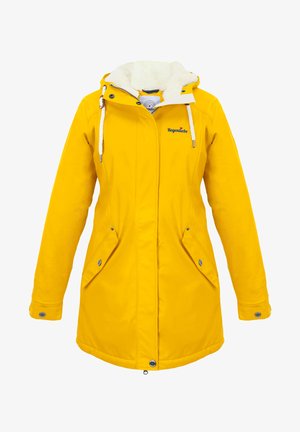 Yellow waterproof jacket with a hood, featuring a fluffy white lining, side pockets, and silver hardware accents. Embroidered text on the chest.
