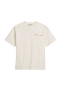 Roomkleurig katoenen T-shirt met korte mouwen en een ronde hals. Voorzien van een zwarte print: "EARLY BIRDS" op het linkerborstgebied.