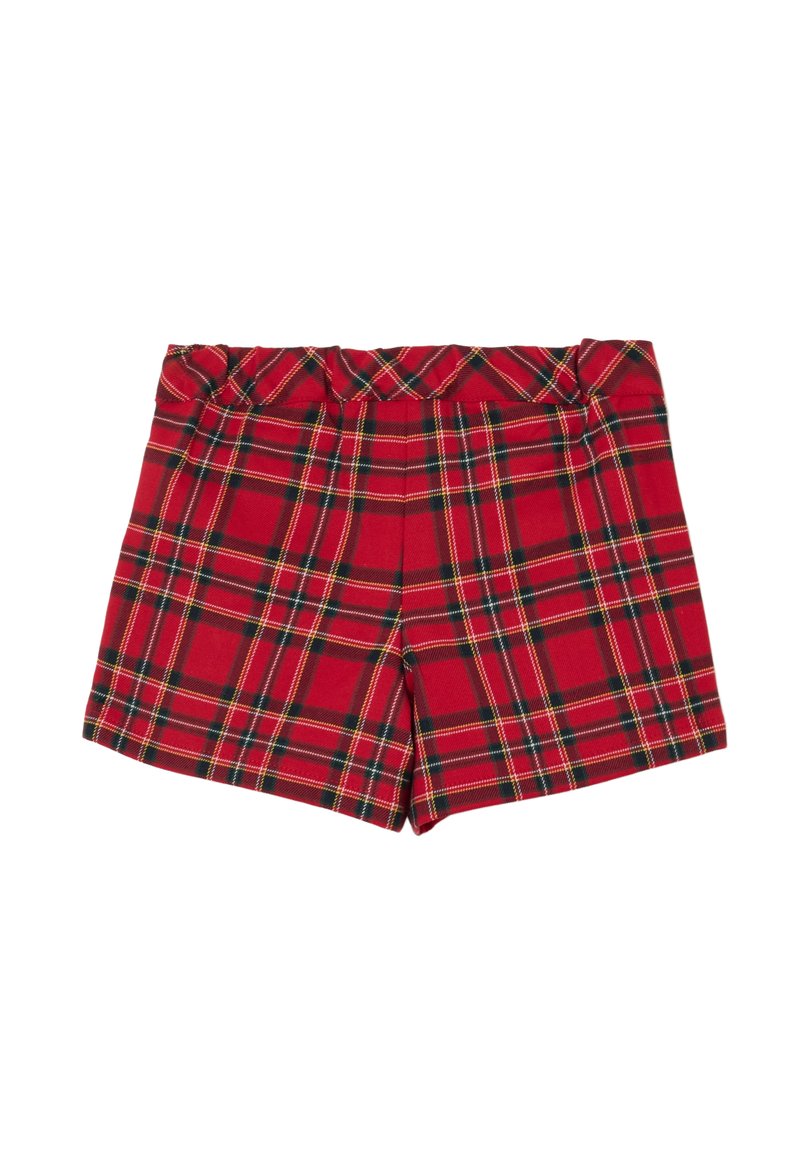 Rote karierte Shorts mit einem dehnbaren Bund, schwarzem und gelbem Akzent im Karomuster und einem geraden Schnitt.