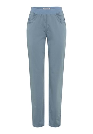 Pantaloni azzurri a gamba dritta con vita elasticizzata e tasche frontali, progettati per un uso casual.