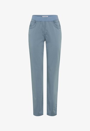 Pantaloni azzurri a gamba dritta con vita elasticizzata e tasche frontali, progettati per un uso casual.