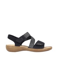 Black sandal with two cross straps in woven gray material, featuring an adjustable ankle strap and a tan sole with a textured finish.