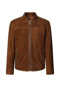 Giacca di camoscio marrone con colletto a punta, chiusura frontale con zip e due tasche laterali con zip. Texture liscia e vestibilità sagomata.