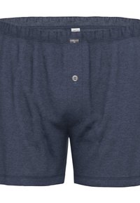 Marineblauwe katoenen boxershort met elastische tailleband, knoopgulp en subtiele heather-textuur. Bevat merkaanduiding op de tailleband.