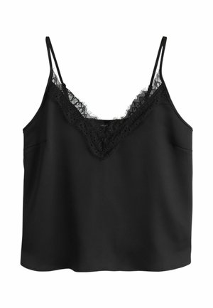 Melnas bezroku kamzole ar smalku mežģīņu apdari gar V-veida kakla izgriezumu un plānām regulējamām plecu lencītēm.