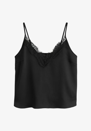Schwarzes ärmelloses Camisole-Top mit zarten Spitzenverzierungen entlang des V-Ausschnitts und dünnen, verstellbaren Schulterriemen.