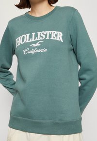 Felpa verde con scollo rotondo con la scritta "HOLLISTER California" in bianco. Morbido cotone con polsini e orlo a costine. Design semplice.