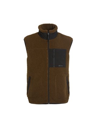 Brown fleece vest with a high collar, black accents, zippered front, and two side pockets. Features a chest pocket with a zipper.
