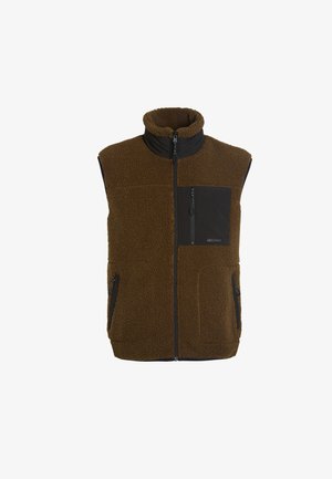 Chaleco de forro polar marrón con cuello alto, detalles en negro, frente con cremallera y dos bolsillos laterales. Cuenta con un bolsillo en el pecho con cremallera.