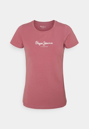 Camiseta de algodón rosa de manga corta con cuello redondo y logo blanco "Pepe Jeans London" en el pecho. Textura suave y lisa.