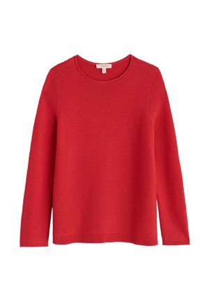 Punane sooniline sviiter pika varrukaga ja ümmarguse kaelusega. Pehme tekstuur, sirge lõige ja viimistletud äär. Pole nähtavat riistvara ega kaunistusi.