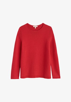 Roter ribbelter Pullover mit langen Ärmeln und rundem Ausschnitt. Weiche Textur, gerader Schnitt und gesäumter Saum. Keine sichtbaren Beschläge oder Verzierungen.