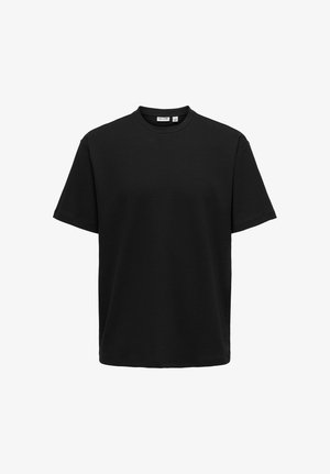 Sort kortærmet t-shirt med rund hals i afslappet pasform, ensfarvet design og en lille inderlabel ved halsudskæringen.