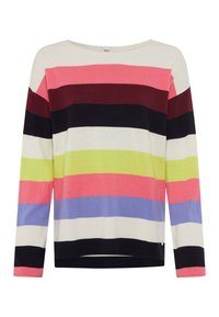 Mehrfarbiger Langarmpullover mit horizontalen Streifen in Pink, Grün, Lila, Schwarz und Creme, mit einem weiten Ausschnitt und weichem Material.