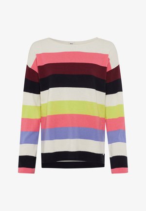 Maglione multicolore a maniche lunghe con strisce orizzontali in rosa, verde, viola, nero e crema, caratterizzato da un ampio scollo e una texture morbida.