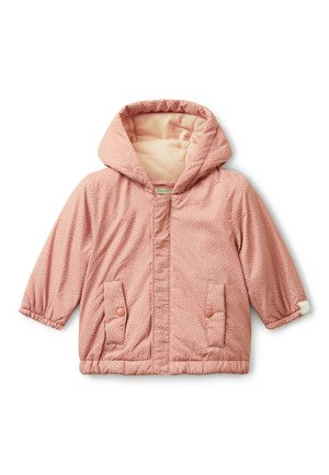 Veste matelassée rose avec capuche, dotée d'un intérieur doublé, de poches à boutons-pression et d'un motif à pois. Poignets élastiques pour un ajustement confortable.