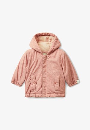 Giacca imbottita rosa con cappuccio, dotata di un internamento foderato, tasche con chiusura a pressione e motivo a pois. Polsini elasticizzati per una vestibilità aderente.