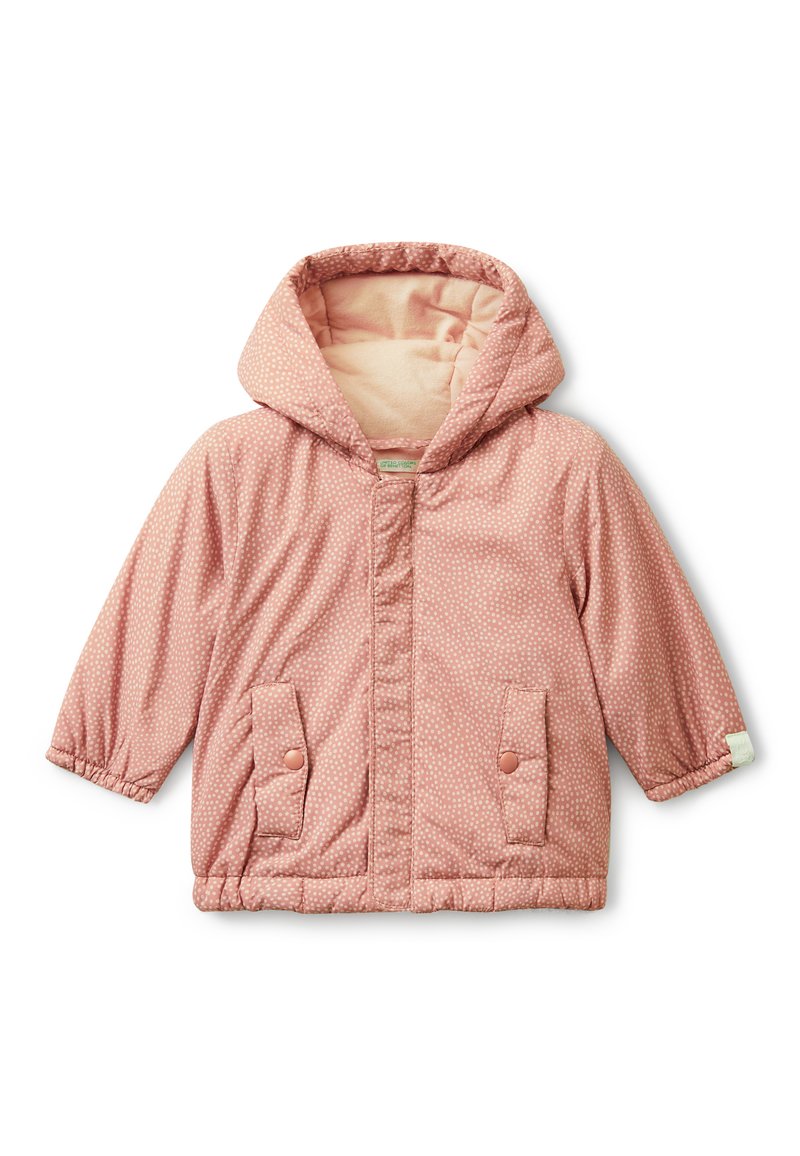 Růžová prošívaná bunda s kapucí, s podšívkou, kapsami na cvoky a vzorem puntíků. Elastické manžety pro pohodlné nošení.