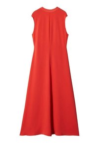 Rotes ärmelloses Kleid mit rundem Halsausschnitt, A-Linien-Silhouette, glattem Stoff und einem Rückenschlitz; verfügt über zwei versteckte Seitentaschen.