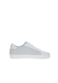 Sneaker grigio chiaro con una suola in gomma bianca liscia. Caratterizzato da una combinazione di materiali forati e solidi. Lacci piatti e design con punta rotonda.