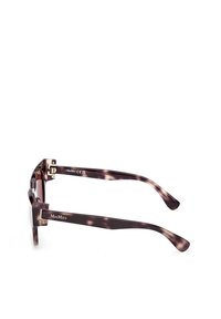 Tortoiseshell sunglasses with a geometric frame design. Made of plastic, featuring a dark brown hue with lighter spots and metal accents.