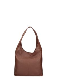 Sac hobo en cuir marron avec une large bandoulière unique, texture douce et haut arrondi. Présente des coutures décoratives sur l'avant.