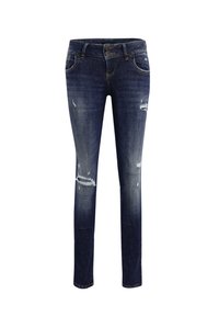 Jean skinny en denim bleu foncé avec détails usés, cinq poches, passants pour ceinture et fermeture par bouton à la taille. Texture lisse.