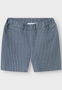 Blåa och grårandiga shorts med elastisk midja, med rak fåll och slät yta. Inga fickor eller ytterligare detaljer.