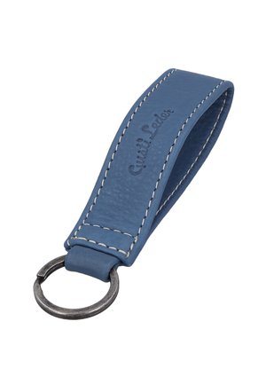Blauer Leder-Schlüsselanhänger mit weißen Nähten und einem Metallring, geprägt mit dem Text "Giusti Leder."